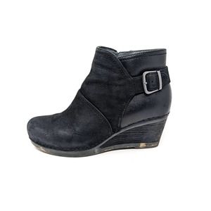 Dansko Black Leather Wedge Ankle Boot with Buckle Detail